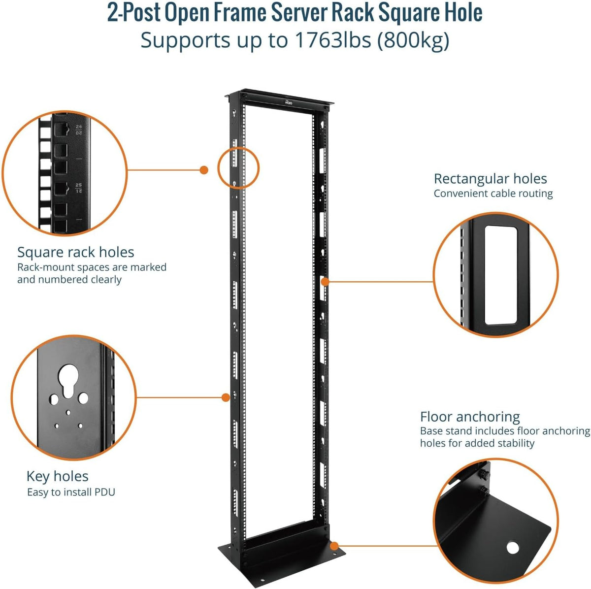 Tecmojo 45U 2-Post Open Frame Server Rack 19" Network, Server, AV, Data & IT Equipment, Telecom & Patch Panel Mount, 1763 lbs Capacity, Black