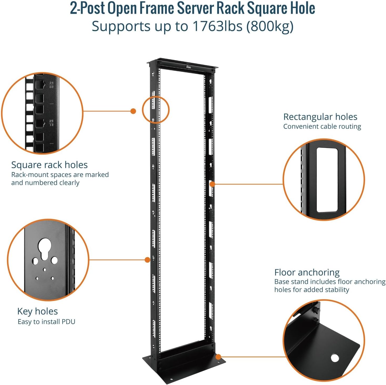 Tecmojo 45U 2-Post Open Frame Server Rack 19" Network, Server, AV, Data & IT Equipment, Telecom & Patch Panel Mount, 1763 lbs Capacity, Black