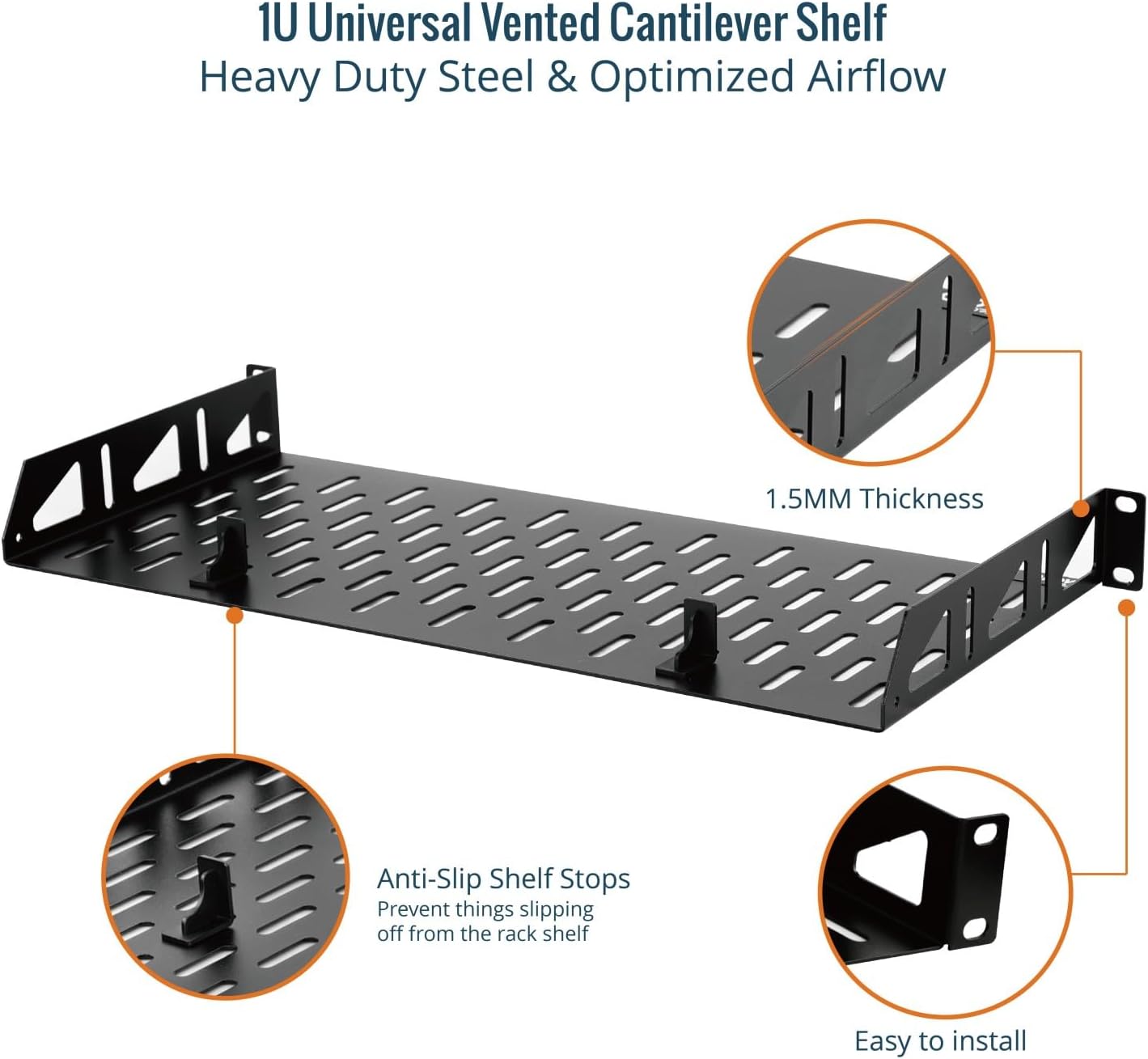 Tecmojo 1U Rack Shelf,19 inch Rack Shelf 8 inch Depth, Rack Mount Shelf, Server Rack Shelf and Network shelf with Anti-Slip Stops, 55lbs(25KG) Capacity of Vented 1U Shelf,No Lip(2 Pack)