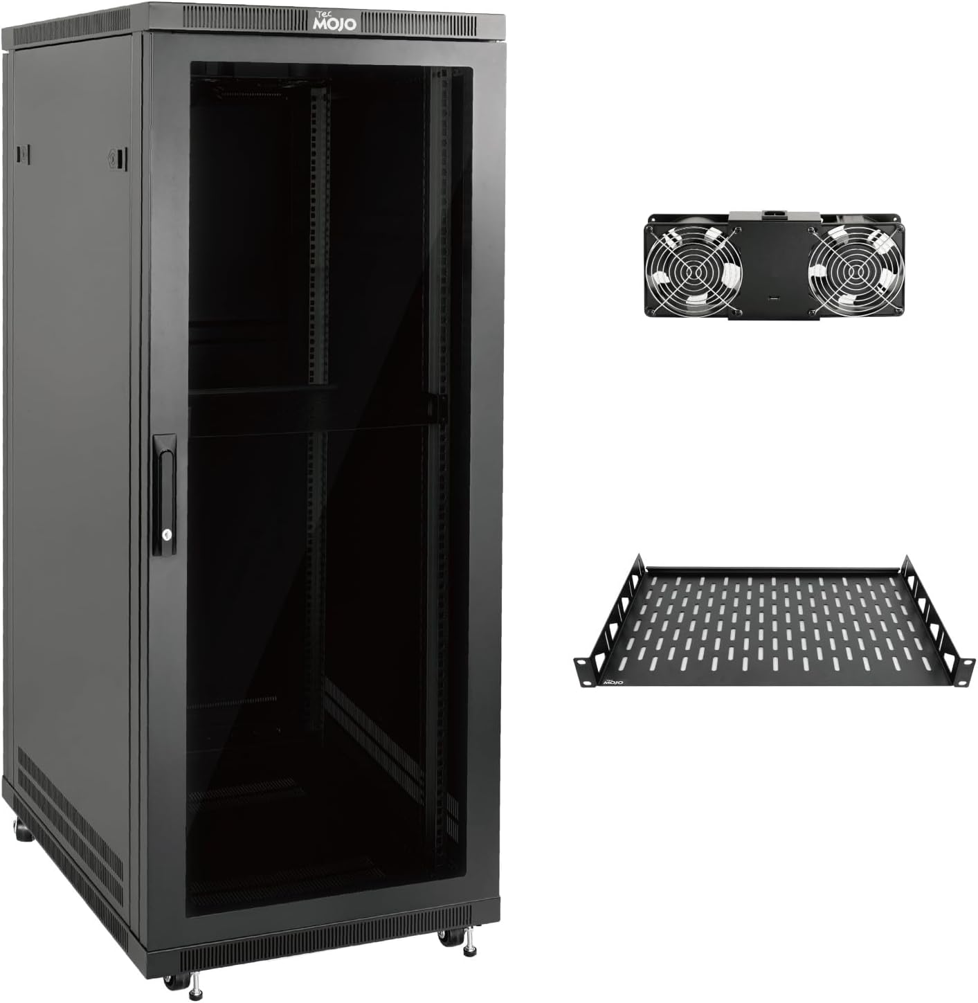 Tecmojo 27U 600 * 600mm 4 Post Free Standing Network Cabinet Data Server Rack, Lockable Glass Door, with Cantilevel Shelf Casters and feets, Disassembled Flat package