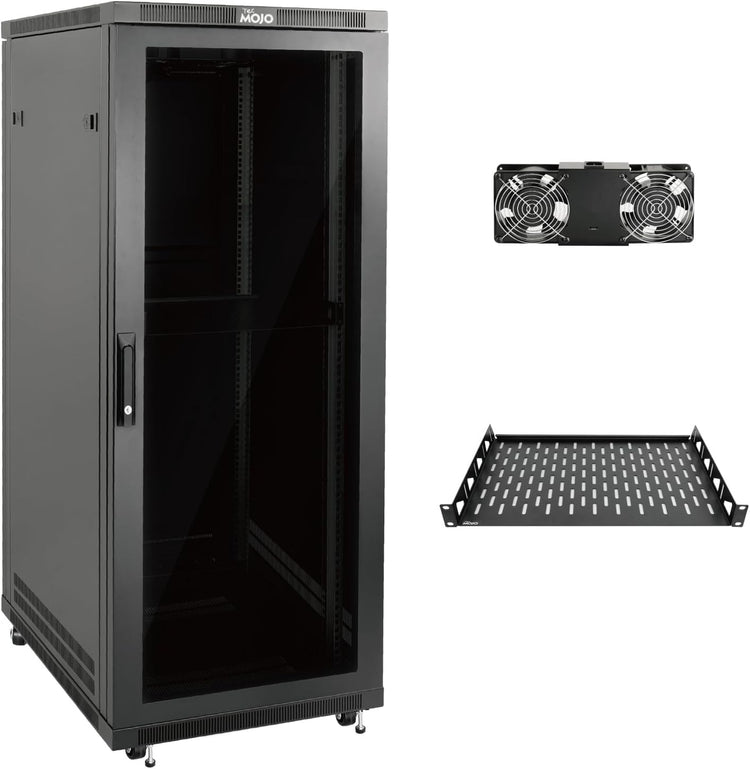 Tecmojo 27U 600 * 600mm 4 Post Free Standing Network Cabinet Data Server Rack, Lockable Glass Door, with Cantilevel Shelf Casters and feets, Disassembled Flat package