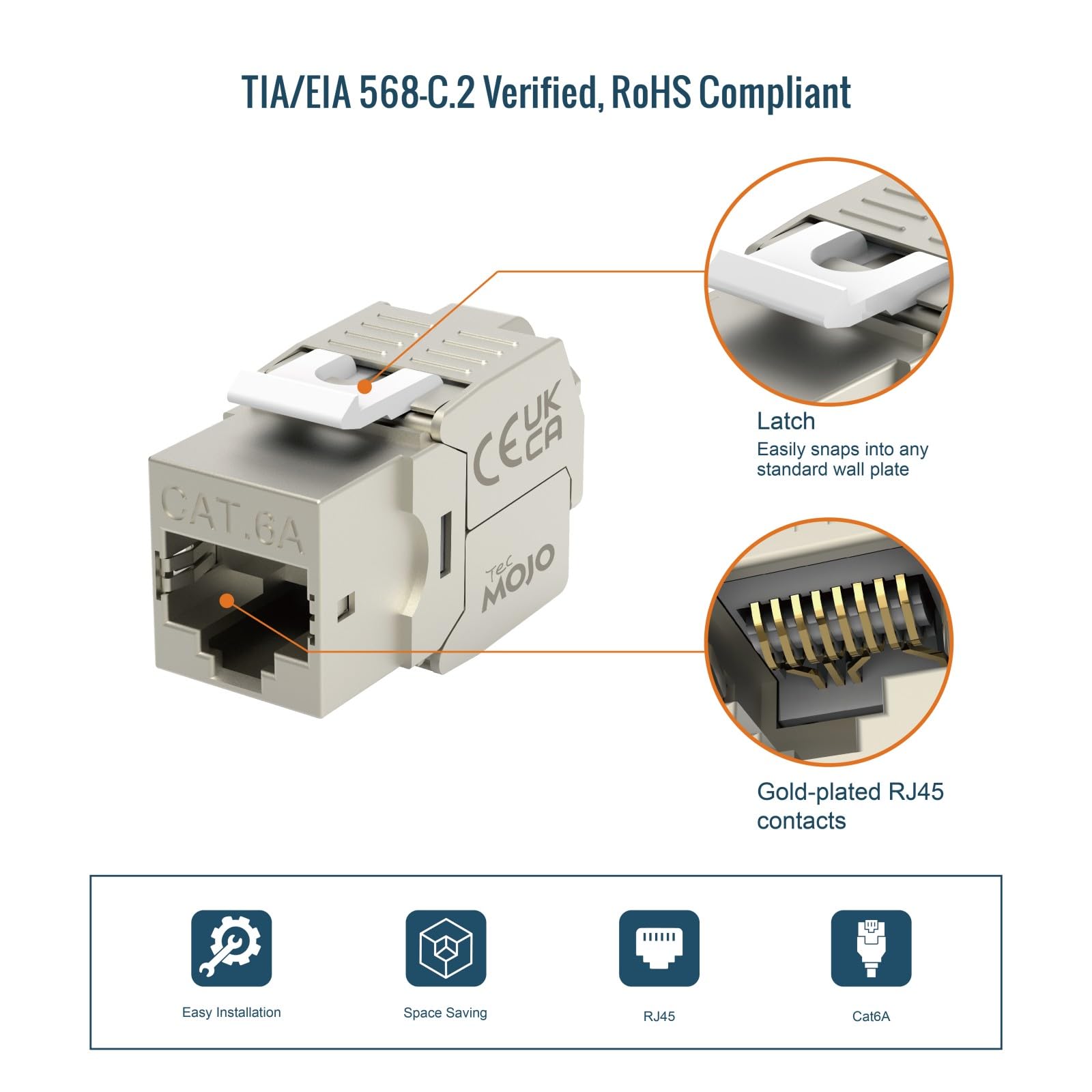 Tecmojo CAT6A Shielded keystone jack 10Gigabit (12, Silver, CAT6A)