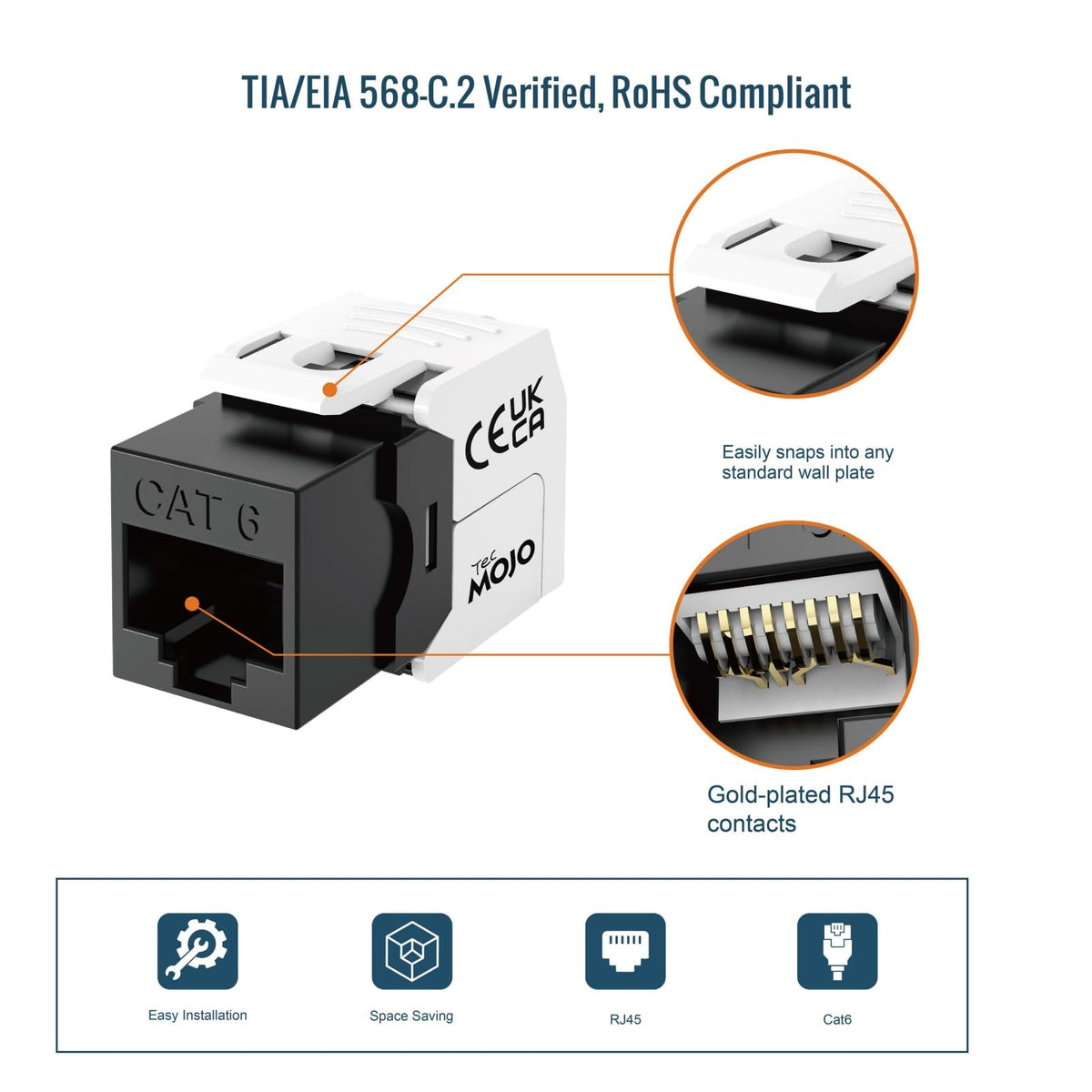 Tecmojo CAT6 unshielded keystone jack Gigabit (12, Black, CAT6)