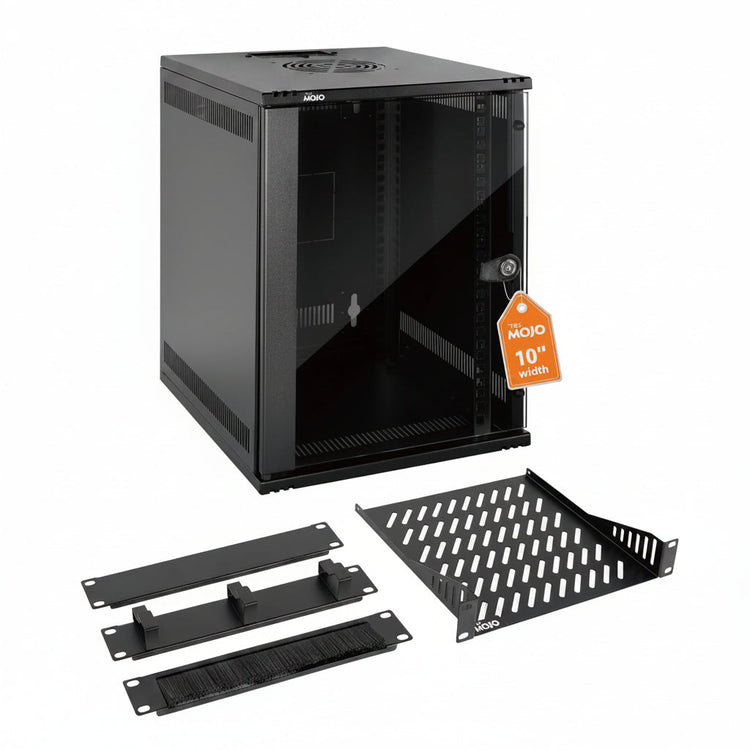 Tecmojo 9U Server Cabinet Wall Mount 10 inch 330mm Depth Network Cabinet with Rack Shelf, Brush Panels, Cable Organizer for Small AV/IT/Data Devices, 50kg Capacity, Glass Door