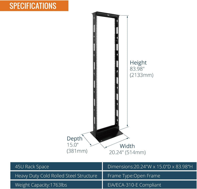 Tecmojo 45U 2-Post Open Frame Server Rack 19" Network, Server, AV, Data & IT Equipment, Telecom & Patch Panel Mount, 1763 lbs Capacity, Black