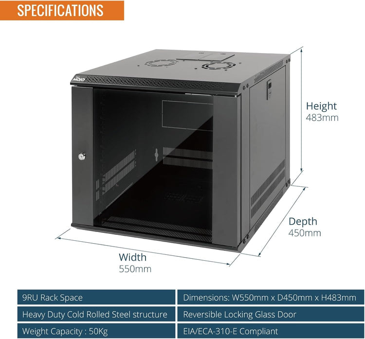 Tecmojo 9RU Wall Mount Network Cabinet, Data Server Rack Enclosure with Lockable Mesh Door and Side Panels, 50 kg /110 lbs Max Loading, 450 mm Deep, for 19 inches IT Equipment, Black