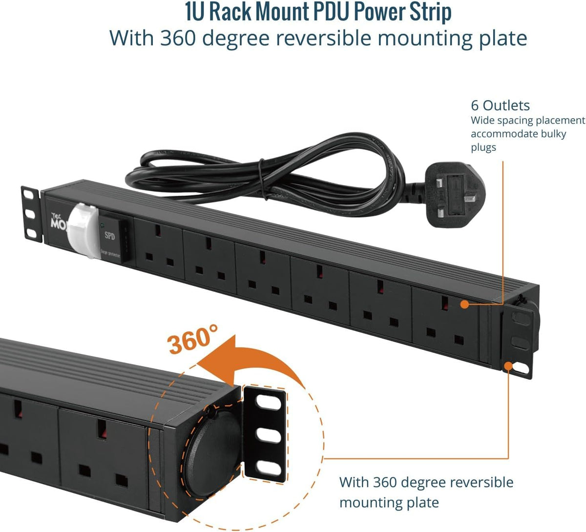 Tecmojo Rack Mount PDU 13A Switched Power distribution Unit, Aluminum Alloy With UK Plug, 2M Cable (3 way 10 inch)