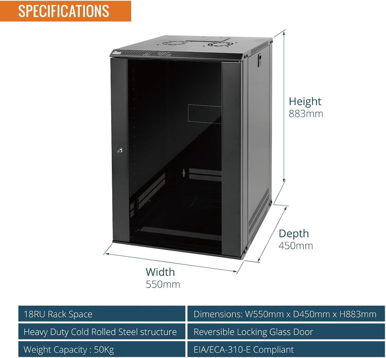Tecmojo 9RU Wall Mount Network Cabinet, Data Server Rack Enclosure with Lockable Mesh Door and Side Panels, 50 kg /110 lbs Max Loading, 450 mm Deep, for 19 inches IT Equipment, Black