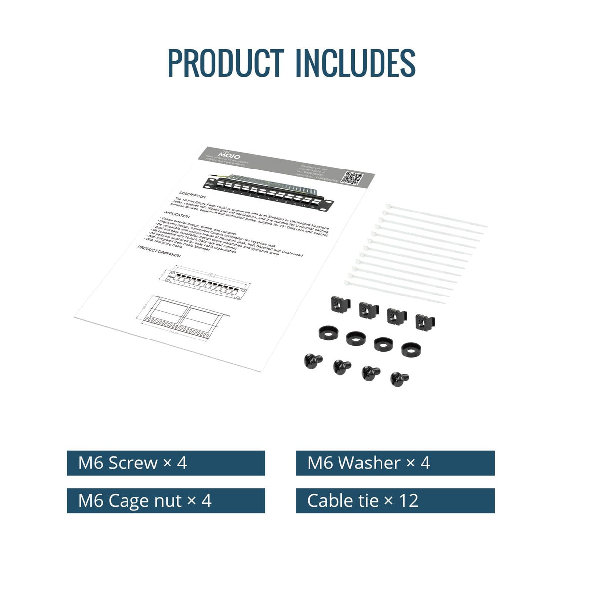 Tecmojo 10in 12 Ports Empty Patch Panel, suitable for both Shielded and Unshielded Keystone Jacks, with Rear Cable Management, Black