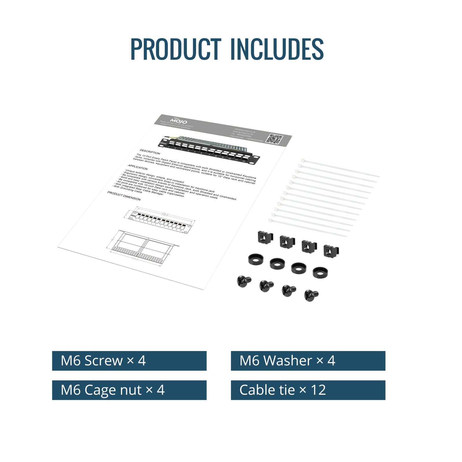 Tecmojo 10in 12 Ports Empty Patch Panel, suitable for both Shielded and Unshielded Keystone Jacks, with Rear Cable Management, Black
