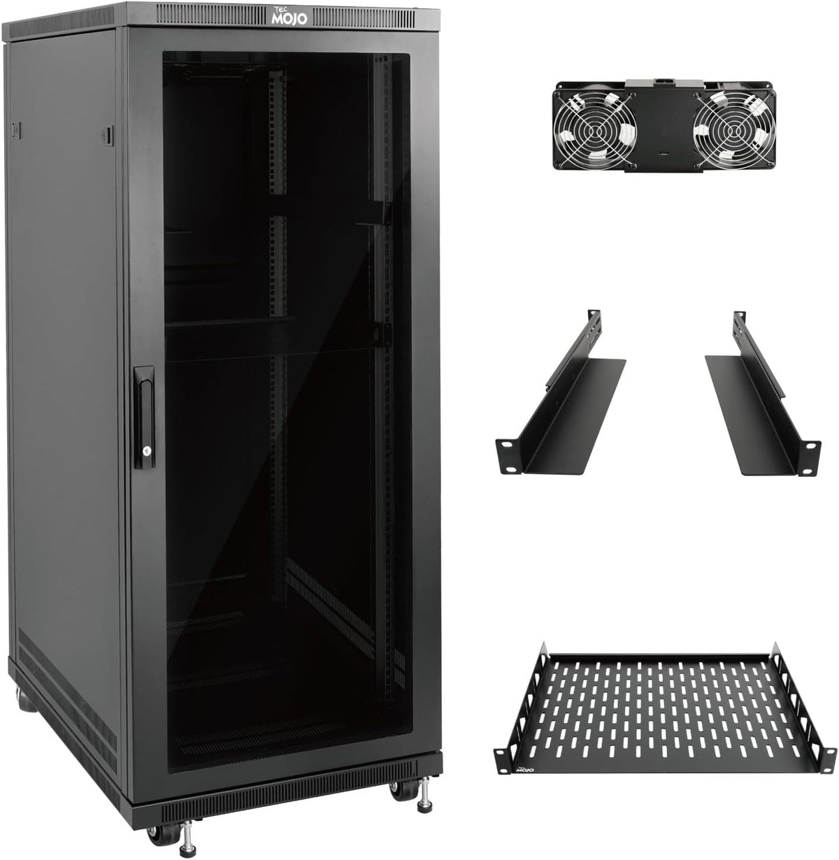 Tecmojo 27U 600 * 600mm 4 Post Free Standing Network Cabinet Data Server Rack, Lockable Glass Door, with Cantilevel Shelf Casters and feets, Disassembled Flat package