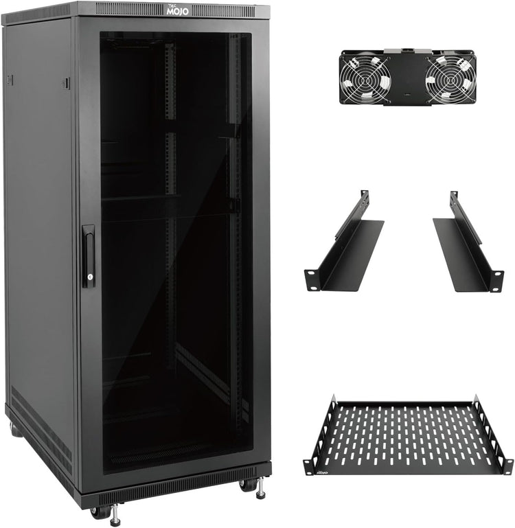 Tecmojo 27U 600 * 600mm 4 Post Free Standing Network Cabinet Data Server Rack, Lockable Glass Door, with Cantilevel Shelf Casters and feets, Disassembled Flat package