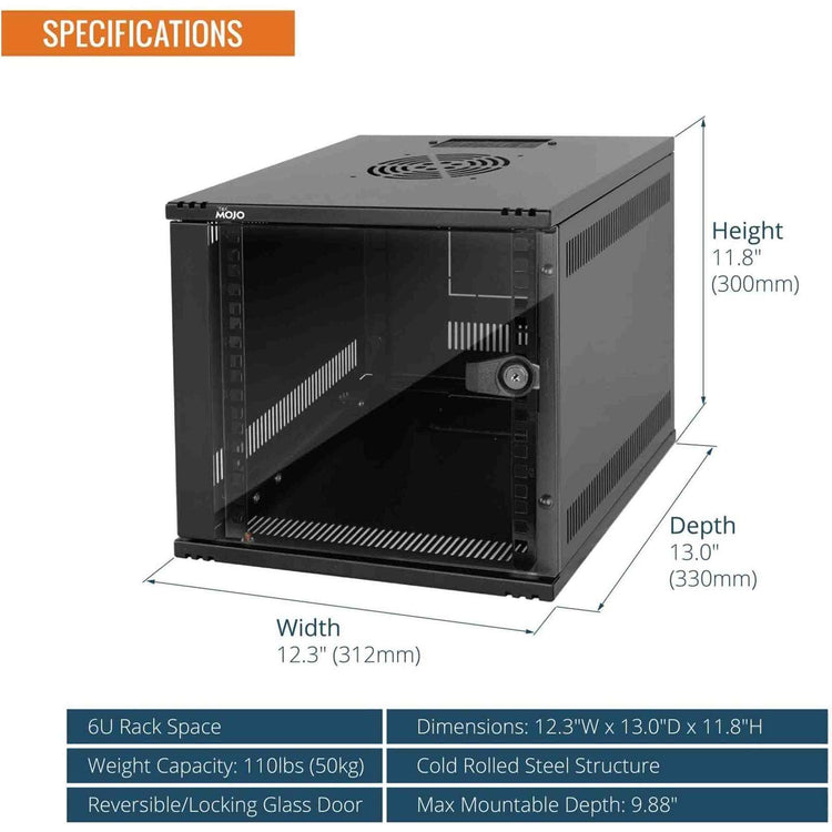 Tecmojo 6U Server Cabinet Wall Mount 10 inch 330mm Depth Network Cabinet with Rack Shelf, Brush Panels, Cable Organizer for S