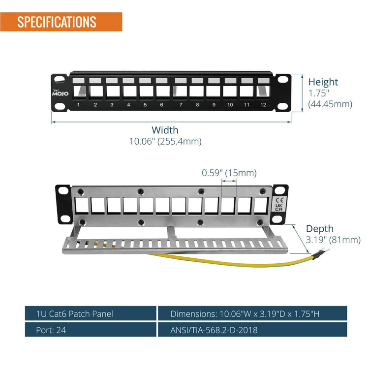 Tecmojo 10in 12 Ports Empty Patch Panel, suitable for both Shielded and Unshielded Keystone Jacks, with Rear Cable Management, Black