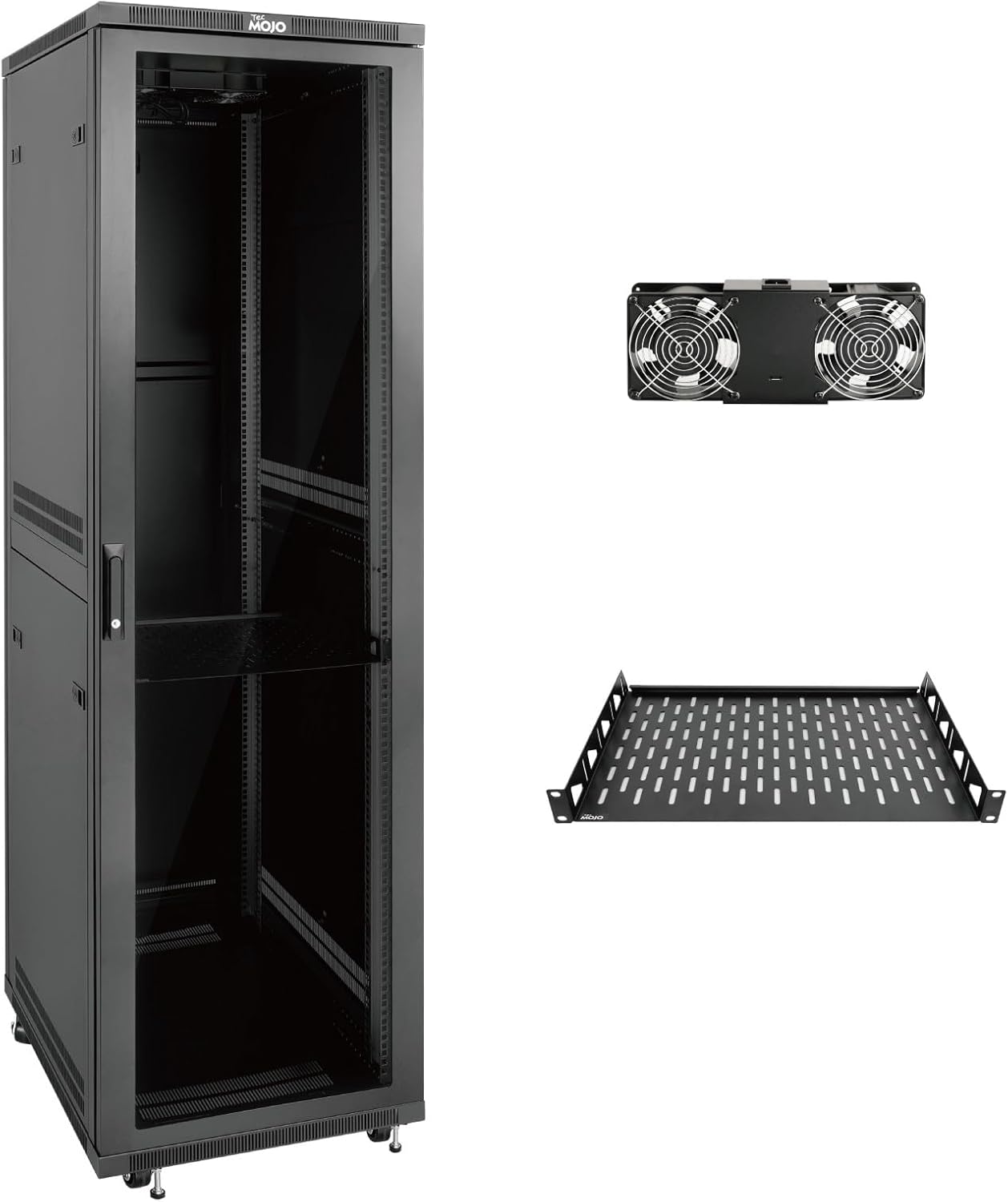 Tecmojo 27U 600 * 600mm 4 Post Free Standing Network Cabinet Data Server Rack, Lockable Glass Door, with Cantilevel Shelf Casters and feets, Disassembled Flat package