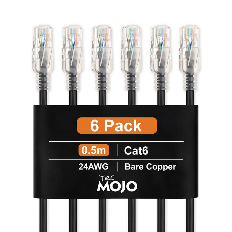 Tecmojo Ethernet Patch Cable 0.5M, 6 Pack, CAT6 UTP Gigabit LAN Network Cable, Pure Copper LSZH RJ45 Snag-Free Patch Cord Black