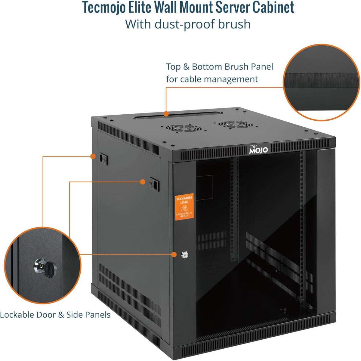 Tecmojo 12U 600mm Depth Wall Mount Server Cabinet, IT Network Rack Enclosure Lockable Door and Side Panels Black, Glass Door, for 19” IT Equipment, A/V Devices
