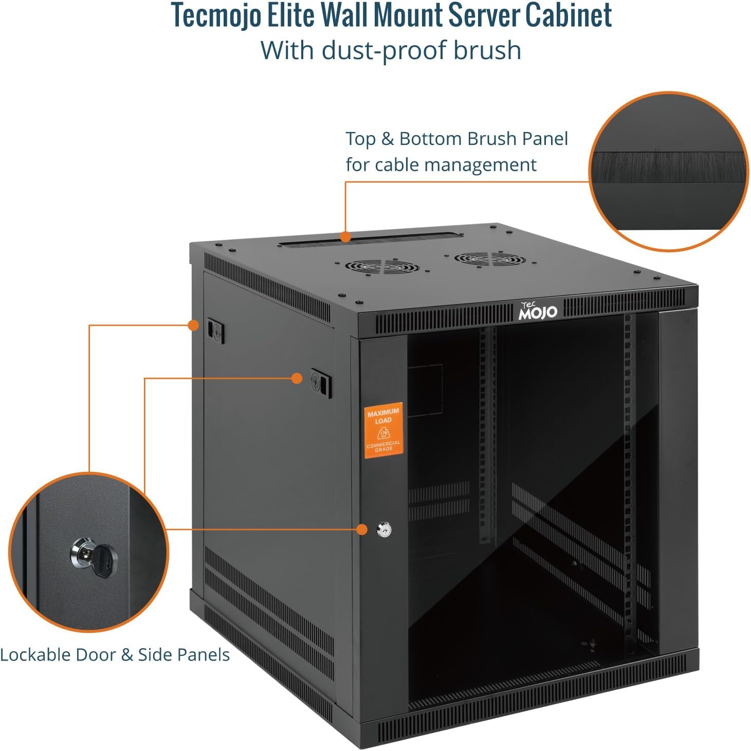 Tecmojo 12U 600mm Depth Wall Mount Server Cabinet, IT Network Rack Enclosure Lockable Door and Side Panels Black, Glass Door, for 19” IT Equipment, A/V Devices