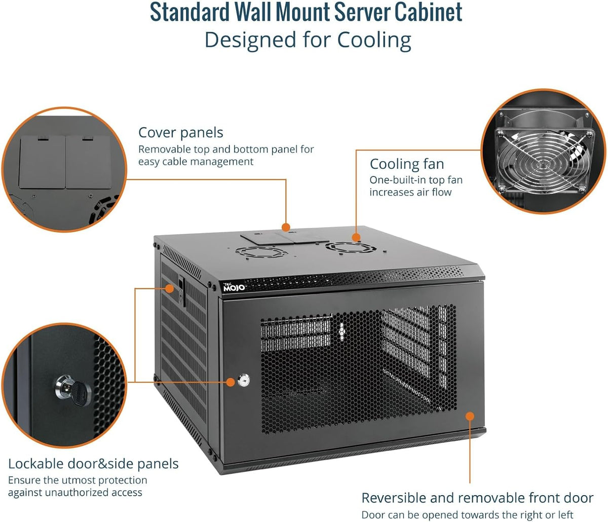 Tecmojo 9RU Wall Mount Network Cabinet, Data Server Rack Enclosure with Lockable Mesh Door and Side Panels, 50 kg /110 lbs Max Loading, 450 mm Deep, for 19 inches IT Equipment, Black