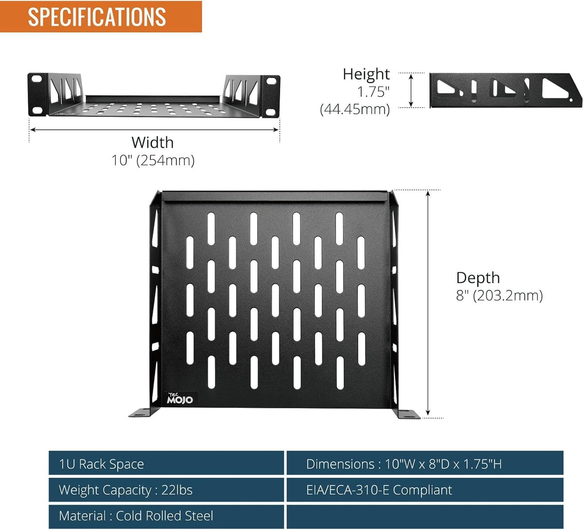 Tecmojo 1U Rack Shelf, 10 inch Universal Rack Mount Shelf 8 inch Depth Vented Cantilever Tray for 10 inch Server & Network Cabinets, Weight Capacity 10 kg / 22lbs, Black (2 Pack)