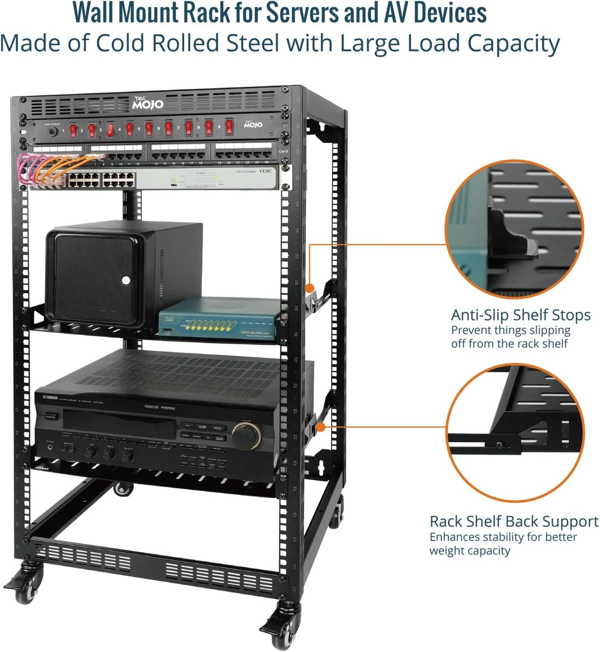 Tecmojo 12U Open Frame Network Rack, 19" Compatible, Floor Standing and Wall Mountable, with 2x 1U Server Shelf & Mounting Hardware, AV & IT Equipment Rack for for Office/Home
