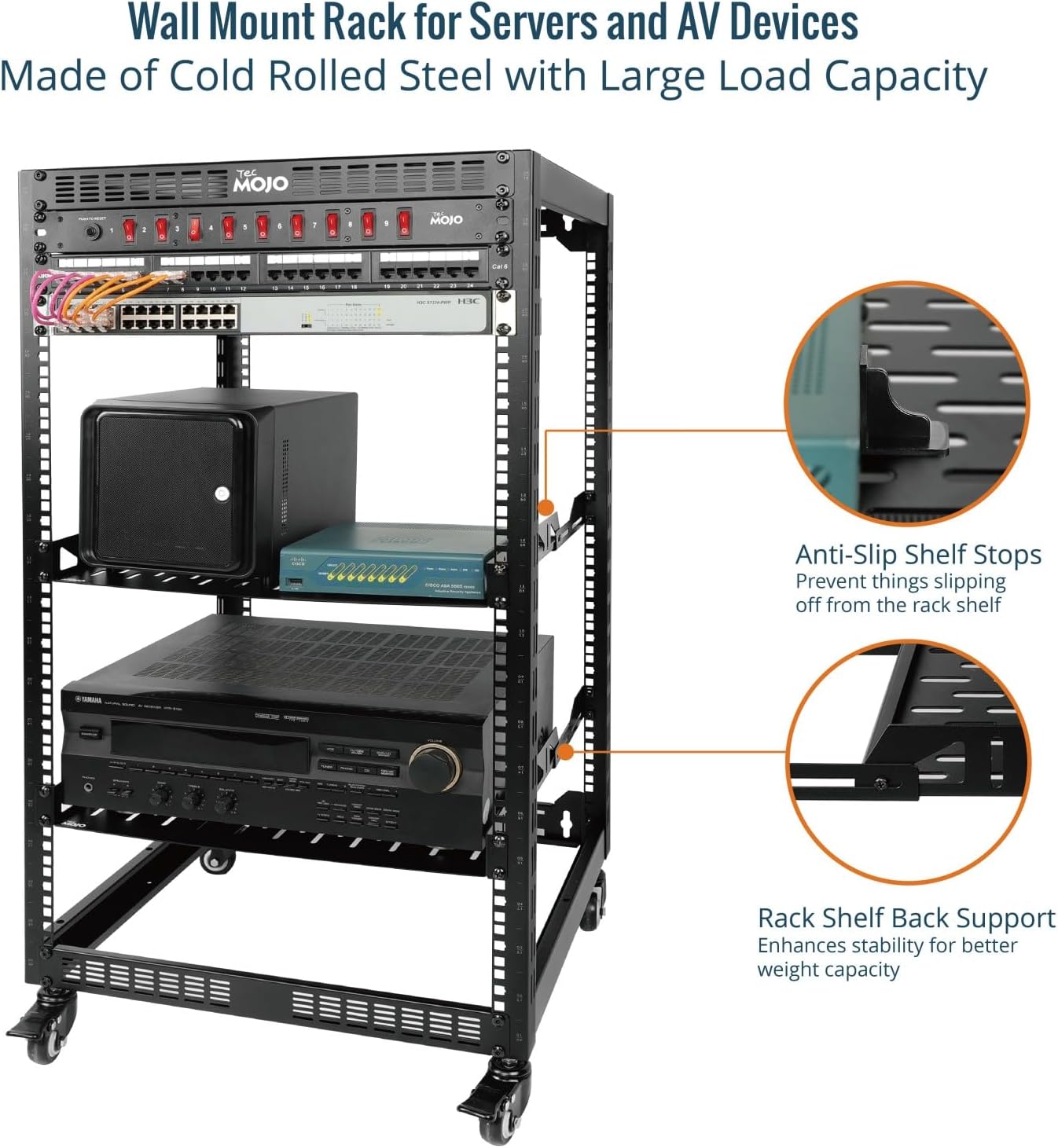 Tecmojo 12U Open Frame Network Rack, 19" Compatible, Floor Standing and Wall Mountable, with 2x 1U Server Shelf & Mounting Hardware, AV & IT Equipment Rack for for Office/Home