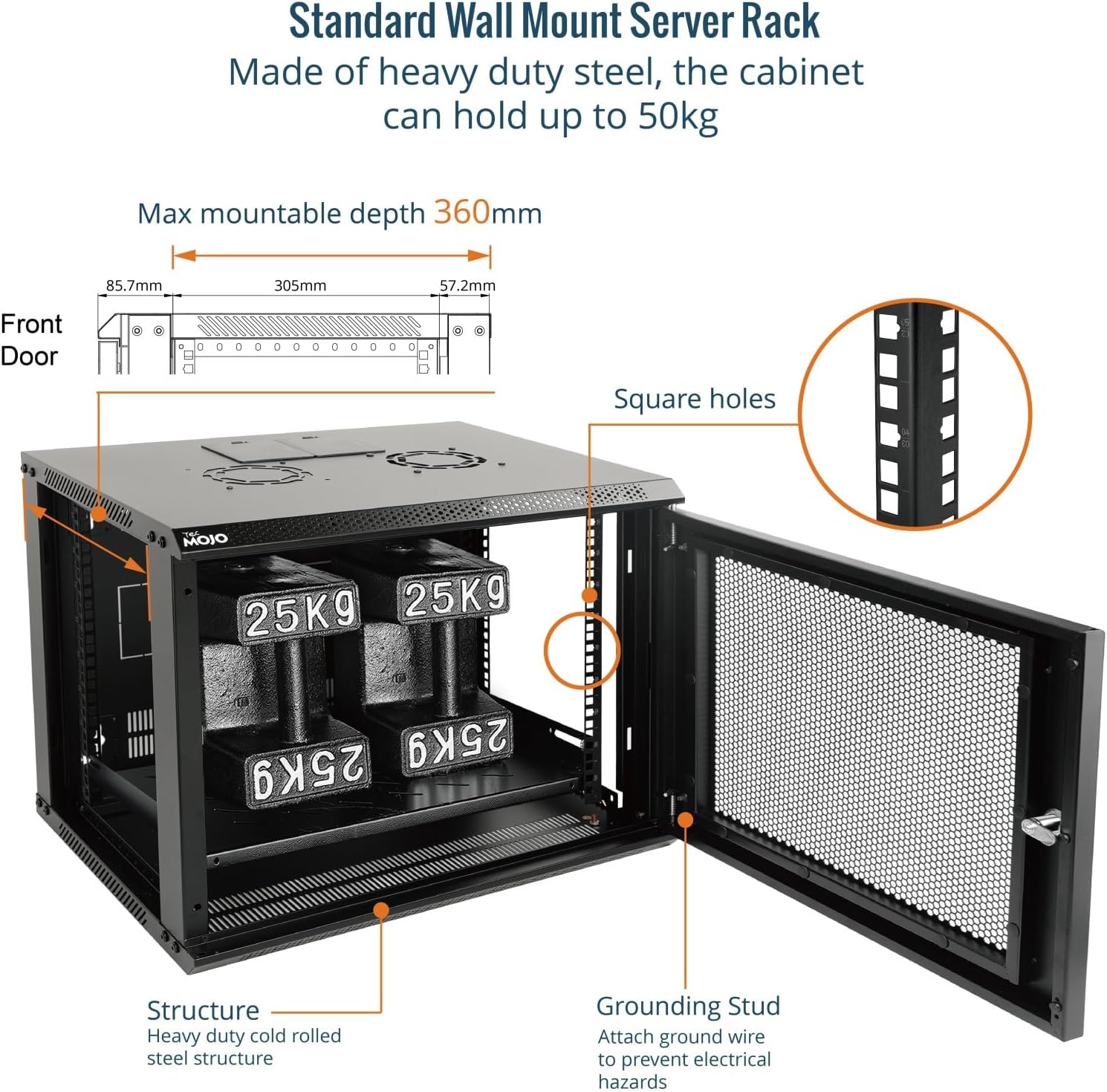 Tecmojo 9RU Wall Mount Network Cabinet, Data Server Rack Enclosure with Lockable Mesh Door and Side Panels, 50 kg /110 lbs Max Loading, 450 mm Deep, for 19 inches IT Equipment, Black