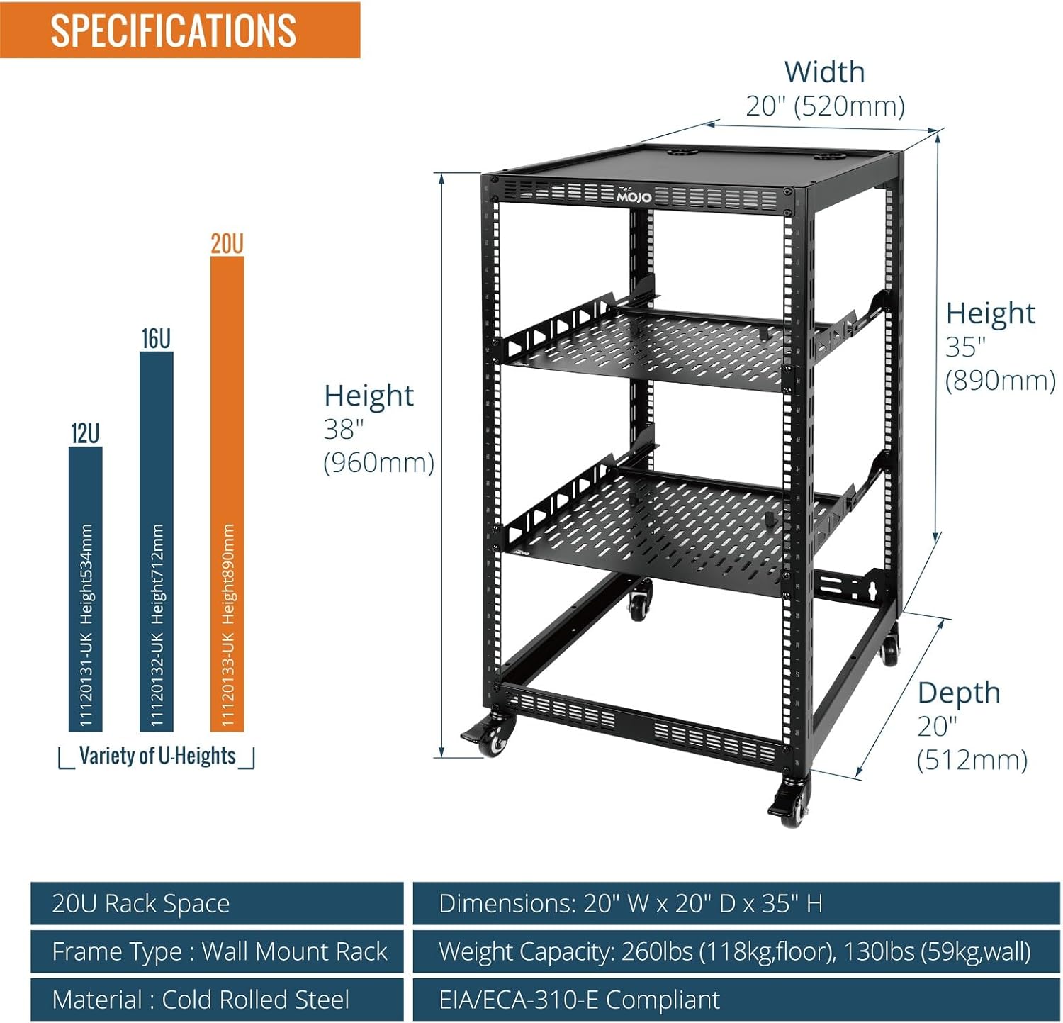 Tecmojo 12U Open Frame Network Rack, 19" Compatible, Floor Standing and Wall Mountable, with 2x 1U Server Shelf & Mounting Hardware, AV & IT Equipment Rack for for Office/Home
