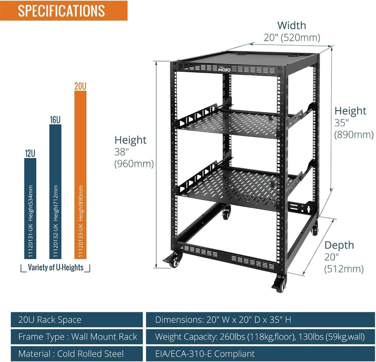 Tecmojo 12U Open Frame Network Rack, 19" Compatible, Floor Standing and Wall Mountable, with 2x 1U Server Shelf & Mounting Hardware, AV & IT Equipment Rack for for Office/Home