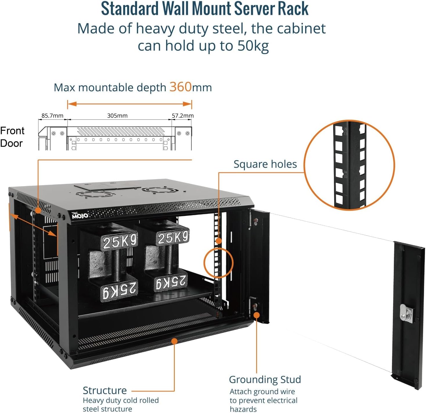 Tecmojo 9RU Wall Mount Network Cabinet, Data Server Rack Enclosure with Lockable Mesh Door and Side Panels, 50 kg /110 lbs Max Loading, 450 mm Deep, for 19 inches IT Equipment, Black