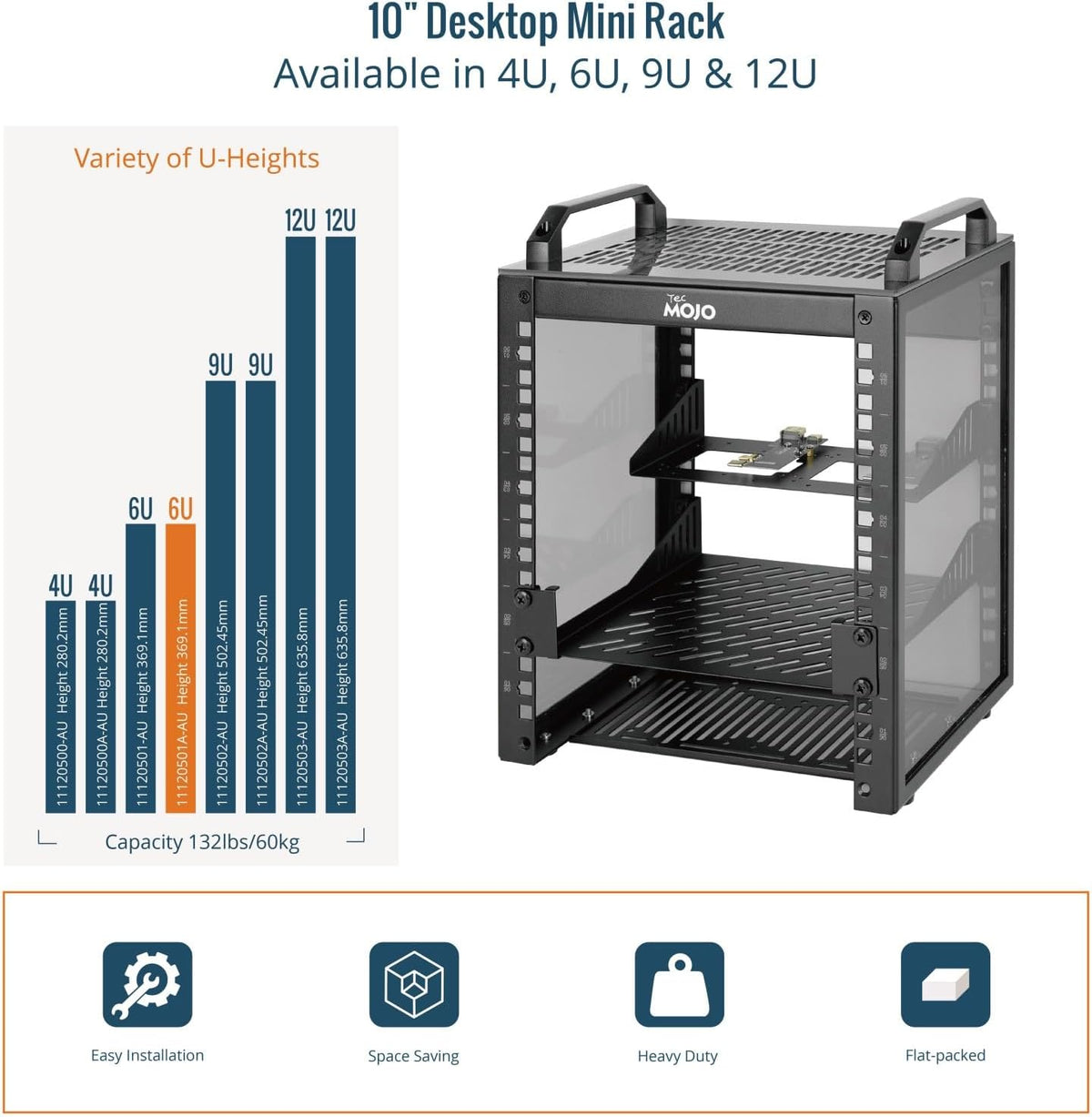 Tecmojo 6U Server Rack, 10 inch Wide 200mm Deep Desktop Rack with Shelf, Micro HDMl to HDMI Adapter Board, 60 kg /132 lbs Max Loading, Blank Panel for 10 inch Servers, Network Equipment, Black