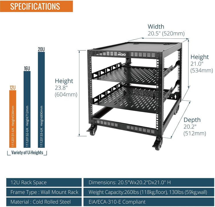 Tecmojo 12U Open Frame Network Rack, 19" Compatible, Floor Standing and Wall Mountable, with 2x 1U Server Shelf & Mounting Hardware, AV & IT Equipment Rack for for Office/Home