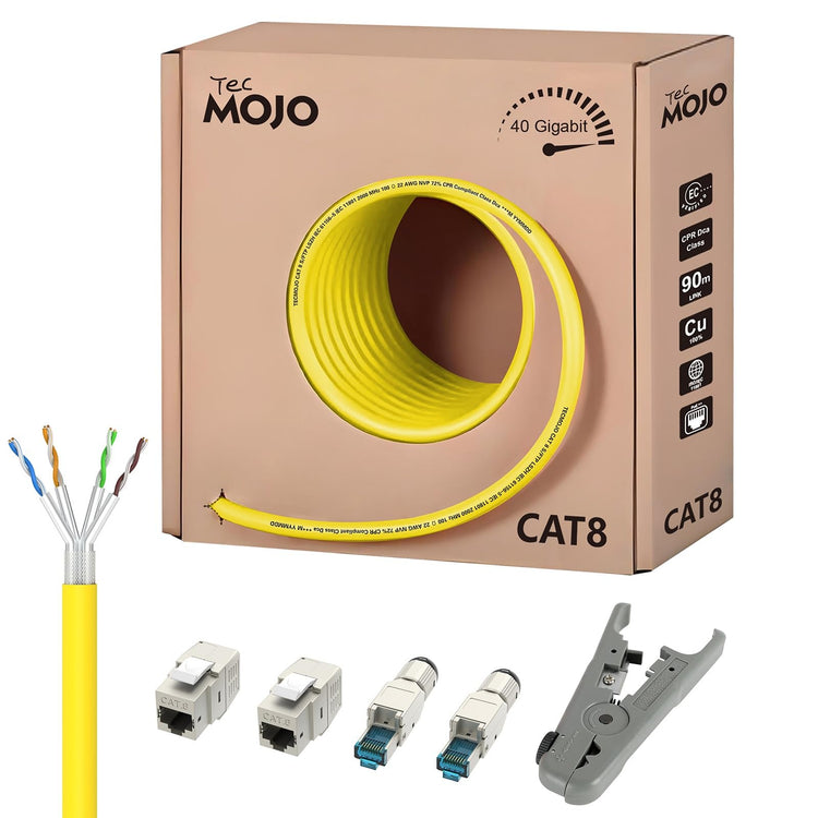 Tecmojo CAT8 S/FTP 20M, 40Gigabit LAN Ethernet Network Bulk Cable Pure Copper Conductor 22AWG with 40% Copper Braiding Shielding LSZH Dca, Yellow, with Cable Tool, RJ45 Connectors & Keystone Jacks