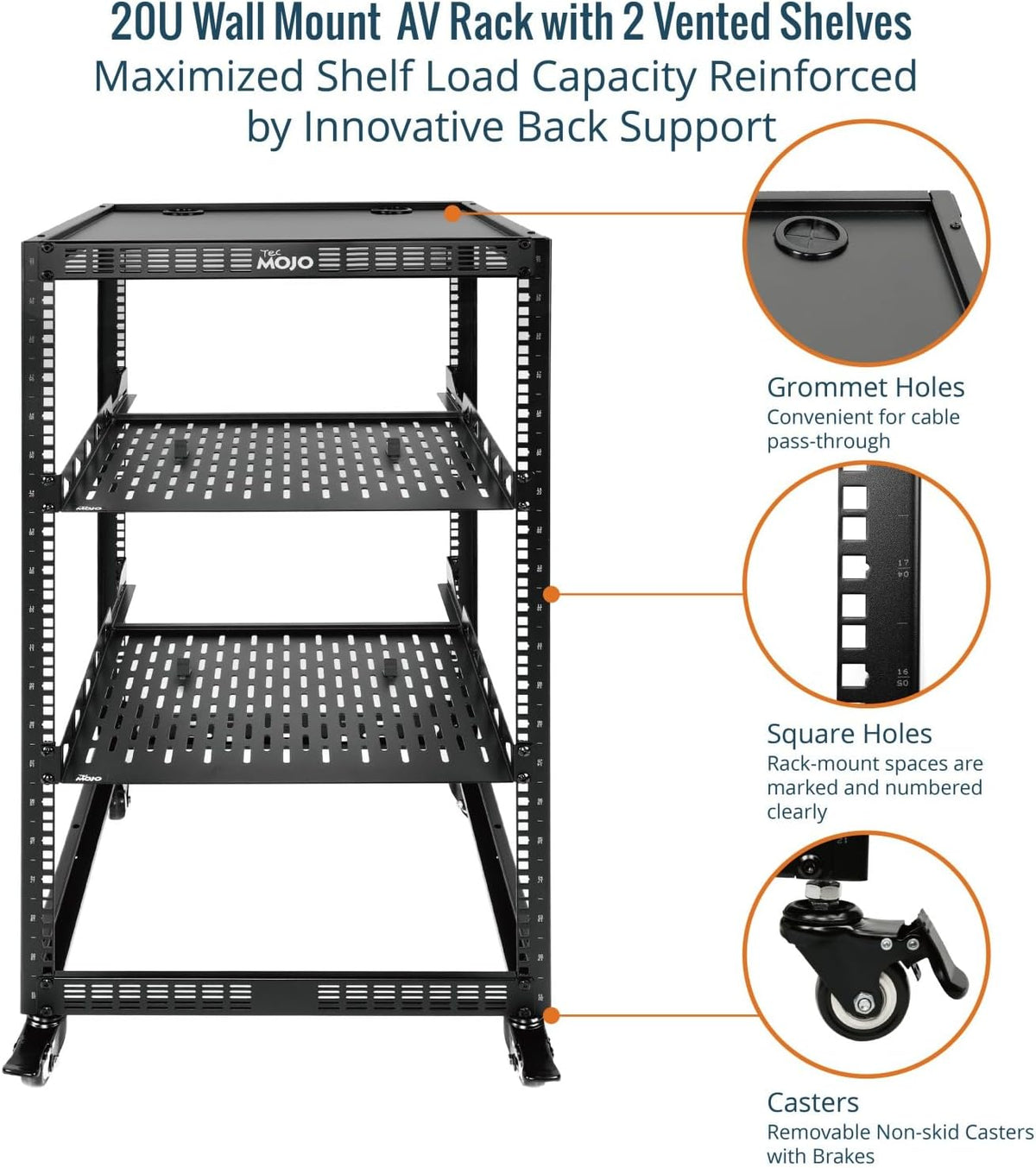 Tecmojo 12U Open Frame Network Rack, 19" Compatible, Floor Standing and Wall Mountable, with 2x 1U Server Shelf & Mounting Hardware, AV & IT Equipment Rack for for Office/Home