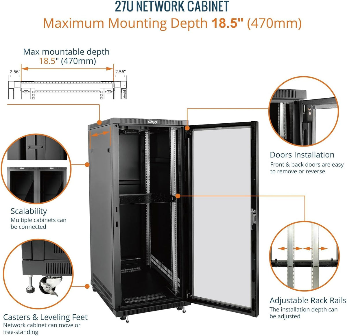 Tecmojo 27U 600 * 600mm 4 Post Free Standing Network Cabinet Data Server Rack, Lockable Glass Door, with Cantilevel Shelf Casters and feets, Disassembled Flat package