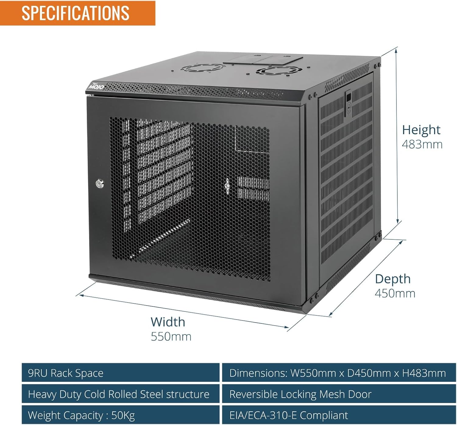 Tecmojo 9RU Wall Mount Network Cabinet, Data Server Rack Enclosure with Lockable Mesh Door and Side Panels, 50 kg /110 lbs Max Loading, 450 mm Deep, for 19 inches IT Equipment, Black