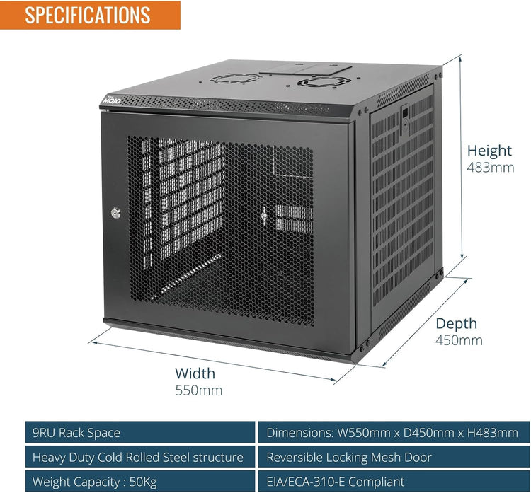 Tecmojo 9RU Wall Mount Network Cabinet, Data Server Rack Enclosure with Lockable Mesh Door and Side Panels, 50 kg /110 lbs Max Loading, 450 mm Deep, for 19 inches IT Equipment, Black
