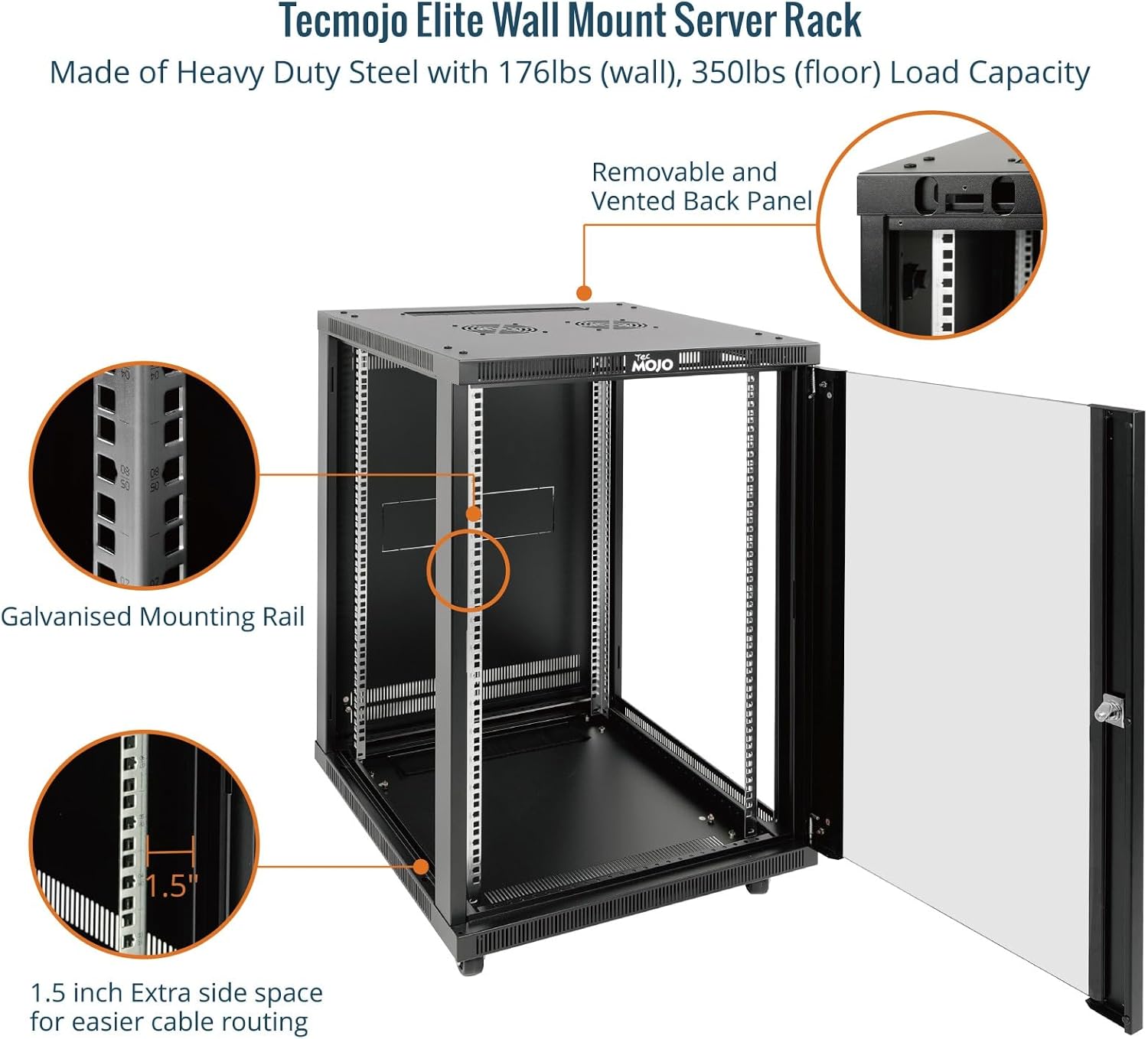 Tecmojo 18U 600mm Depth Wall Mount Server Cabinet with Casters, IT Network Rack Enclosure Lockable Door and Side Panels Black, Glass Door, for 19” IT Equipment, A/V Devices