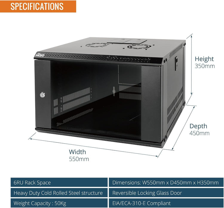 Tecmojo 9RU Wall Mount Network Cabinet, Data Server Rack Enclosure with Lockable Mesh Door and Side Panels, 50 kg /110 lbs Max Loading, 450 mm Deep, for 19 inches IT Equipment, Black