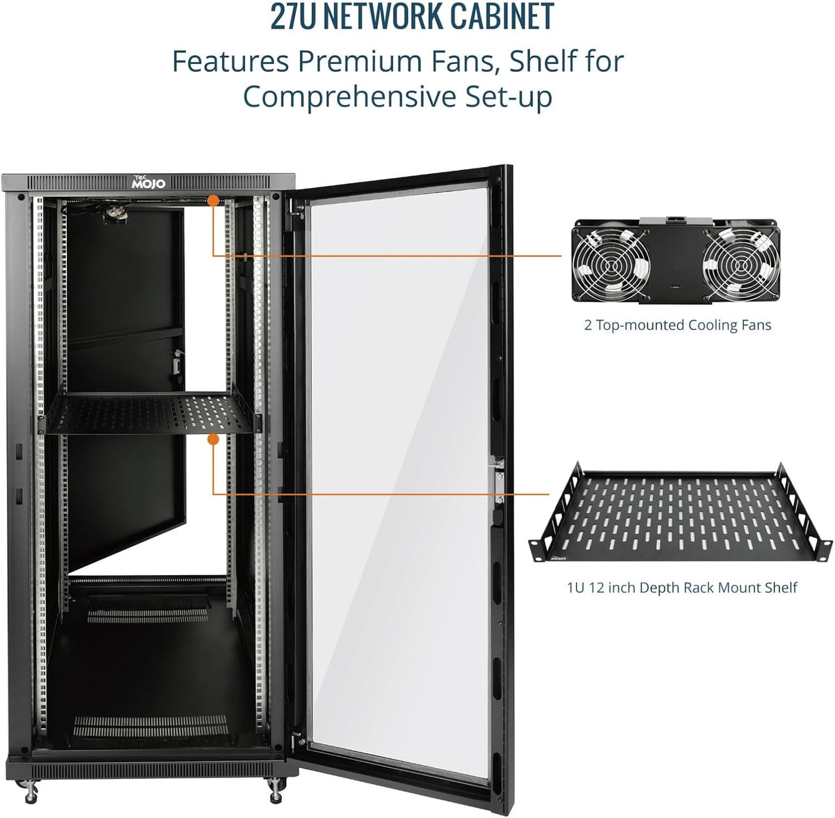 Tecmojo 27U 600 * 600mm 4 Post Free Standing Network Cabinet Data Server Rack, Lockable Glass Door, with Cantilevel Shelf Casters and feets, Disassembled Flat package