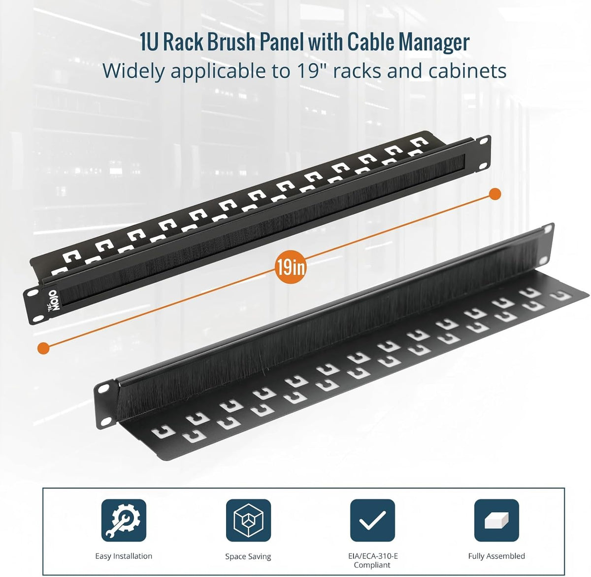 Tecmojo 1U Rack Mount Server Cable Management Panel with Tidy Brush Slot, 1U Brush Strip Plate for Cable Entry & Management, for 19in Network Rack/Server Rack/Cabinet Enclosure, Black, Alloy Steel