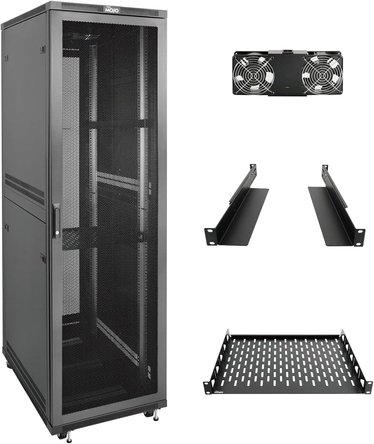 Tecmojo 27U 600 * 600mm 4 Post Free Standing Network Cabinet Data Server Rack, Lockable Glass Door, with Cantilevel Shelf Casters and feets, Disassembled Flat package