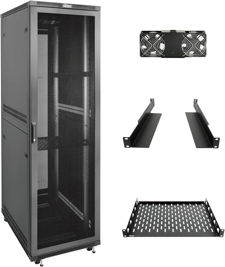 Tecmojo 27U 600 * 600mm 4 Post Free Standing Network Cabinet Data Server Rack, Lockable Glass Door, with Cantilevel Shelf Casters and feets, Disassembled Flat package