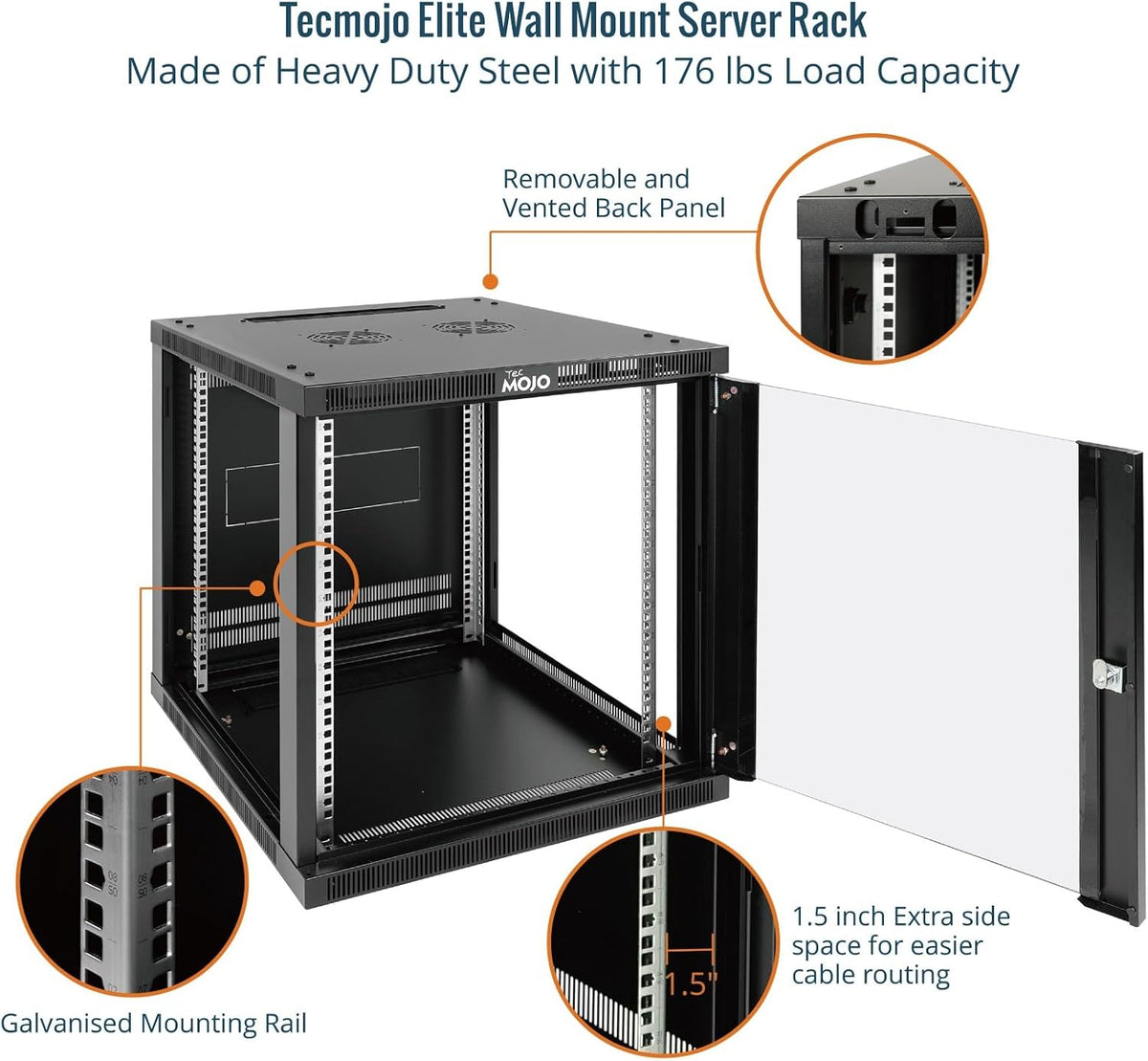 Tecmojo 12U 600mm Depth Wall Mount Server Cabinet, IT Network Rack Enclosure Lockable Door and Side Panels Black, Glass Door, for 19” IT Equipment, A/V Devices