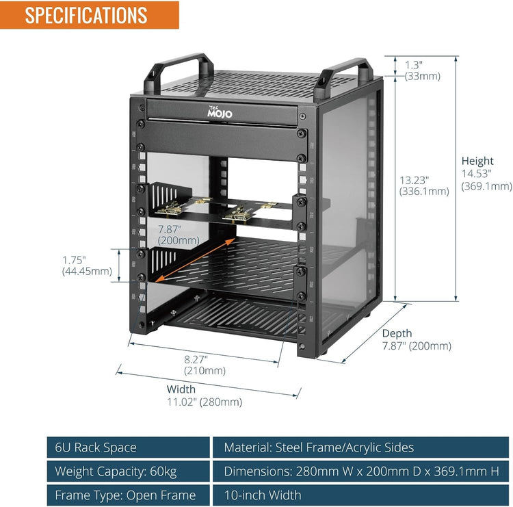 Tecmojo 6U Server Rack, 10 inch Wide 200mm Deep Desktop Rack with Shelf, Micro HDMl to HDMI Adapter Board, 60 kg /132 lbs Max Loading, Blank Panel for 10 inch Servers, Network Equipment, Black