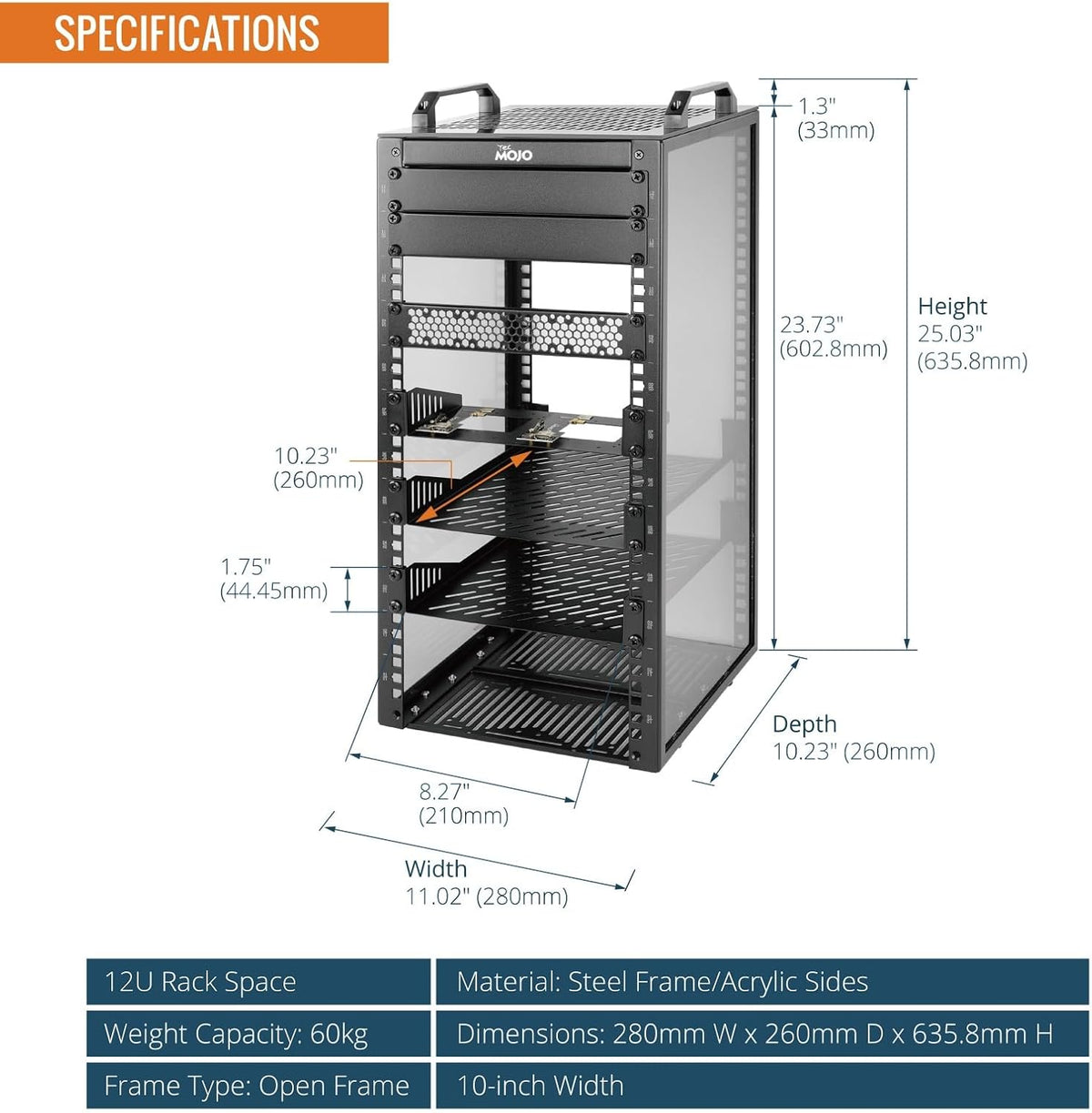 Tecmojo 12U Server Rack, 10 inch Wide 260mm Deep Desktop Rack with Shelf, Micro HDMl to HDMI Adapter Board, Blank Panel for 10 inch Servers, Network, Audio, and Video Equipment, Black