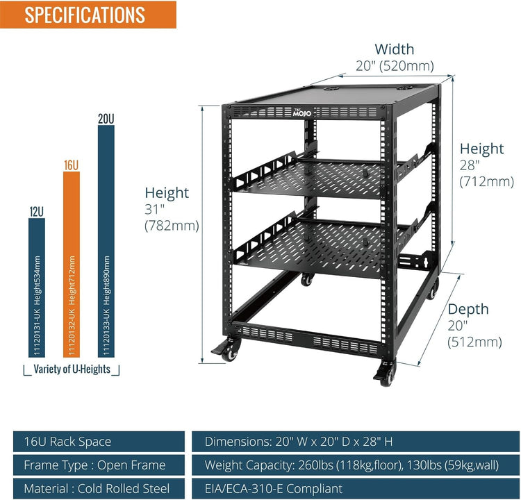 Tecmojo 12U Open Frame Network Rack, 19" Compatible, Floor Standing and Wall Mountable, with 2x 1U Server Shelf & Mounting Hardware, AV & IT Equipment Rack for for Office/Home