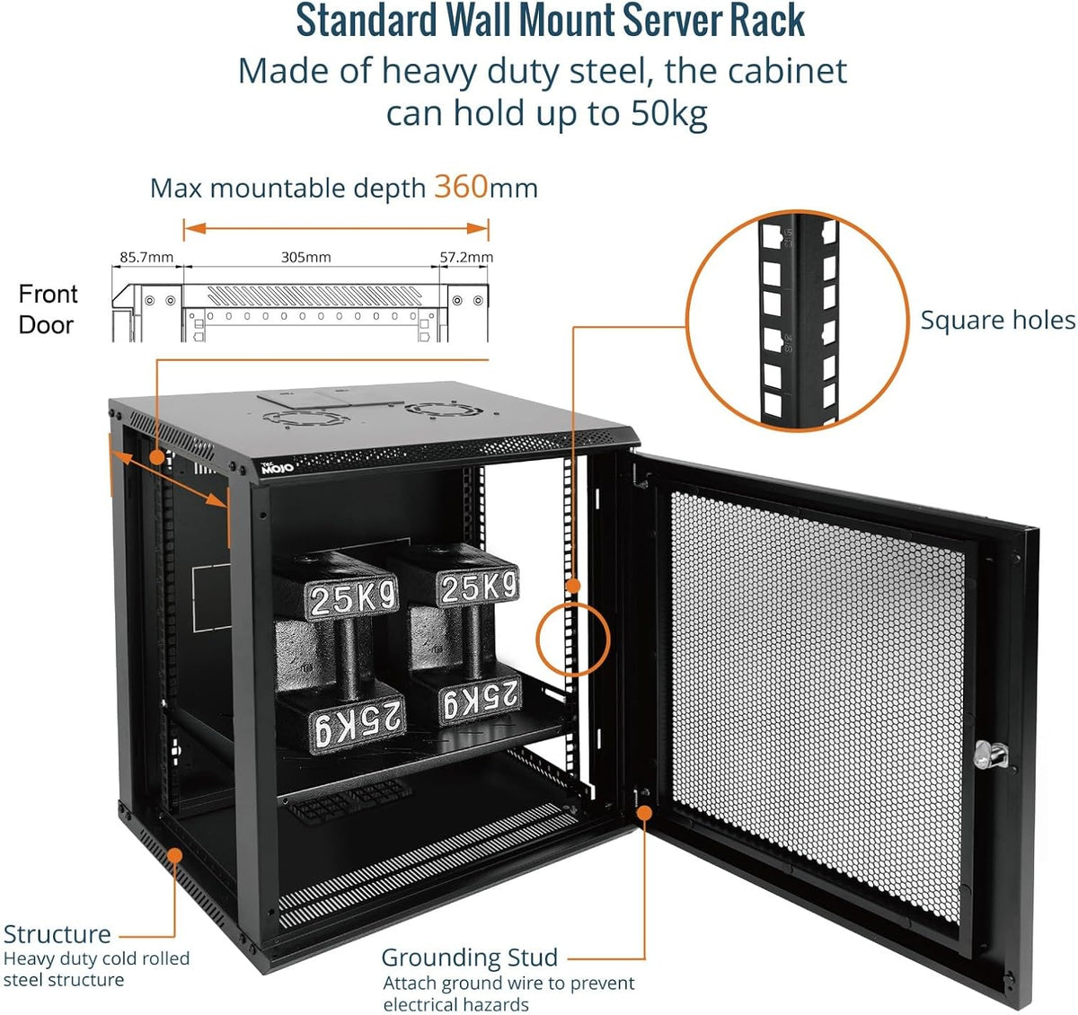 Tecmojo 9RU Wall Mount Network Cabinet, Data Server Rack Enclosure with Lockable Mesh Door and Side Panels, 50 kg /110 lbs Max Loading, 450 mm Deep, for 19 inches IT Equipment, Black