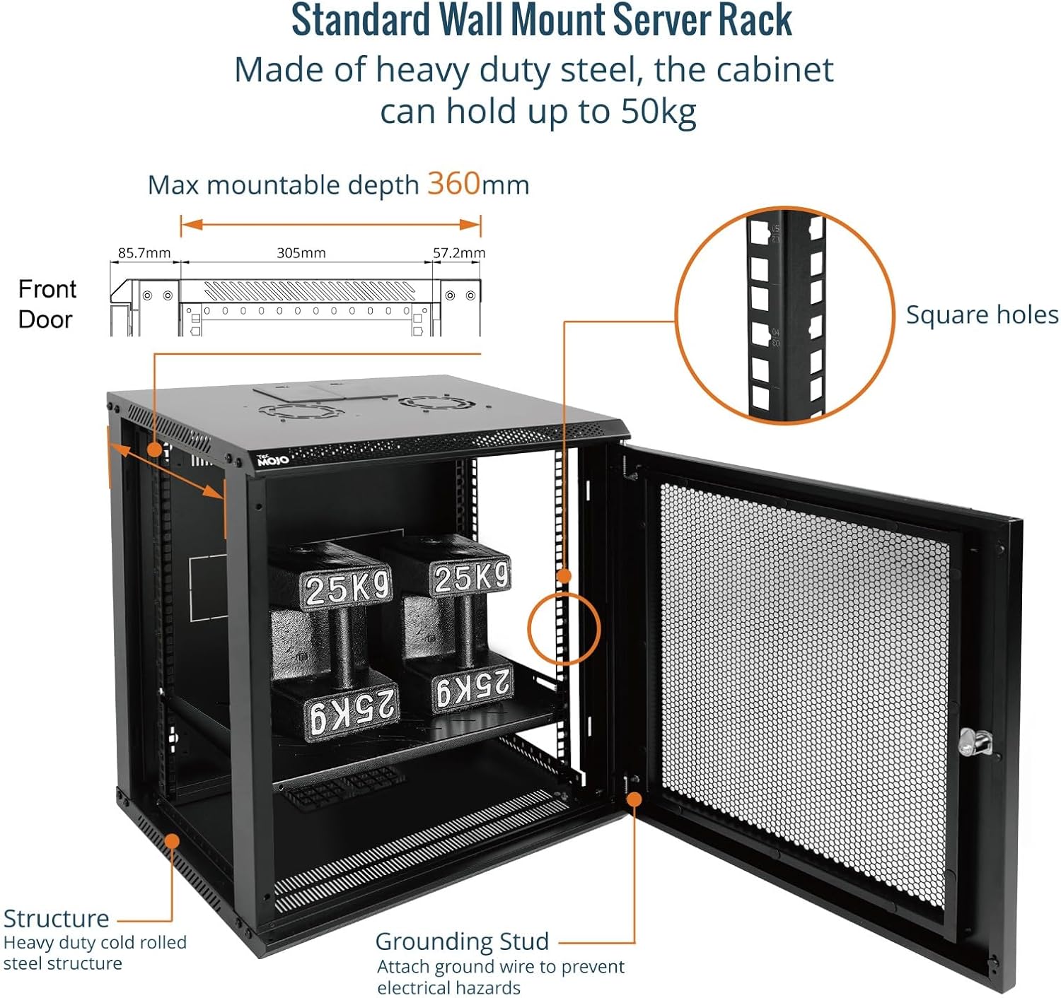Tecmojo 9RU Wall Mount Network Cabinet, Data Server Rack Enclosure with Lockable Mesh Door and Side Panels, 50 kg /110 lbs Max Loading, 450 mm Deep, for 19 inches IT Equipment, Black