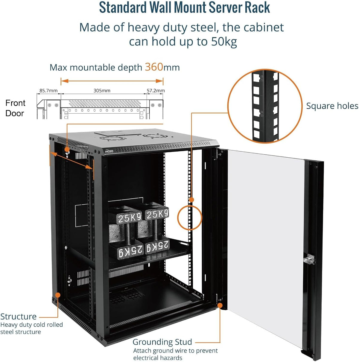 Tecmojo 9RU Wall Mount Network Cabinet, Data Server Rack Enclosure with Lockable Mesh Door and Side Panels, 50 kg /110 lbs Max Loading, 450 mm Deep, for 19 inches IT Equipment, Black